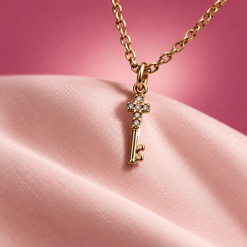 An extreme macro photograph of the exact small vertical key pendant and adjoining chain from referen